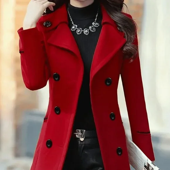 Red Elegant Women's Double-Breasted Lapel Coat - Picture 1 of 5